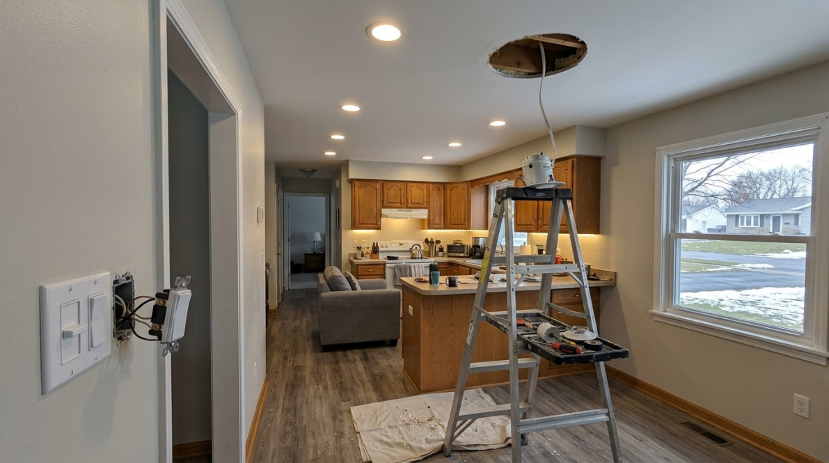 Kitchen and living area under renovation with a ladder, tools, and ceiling light fixtures exposed.
