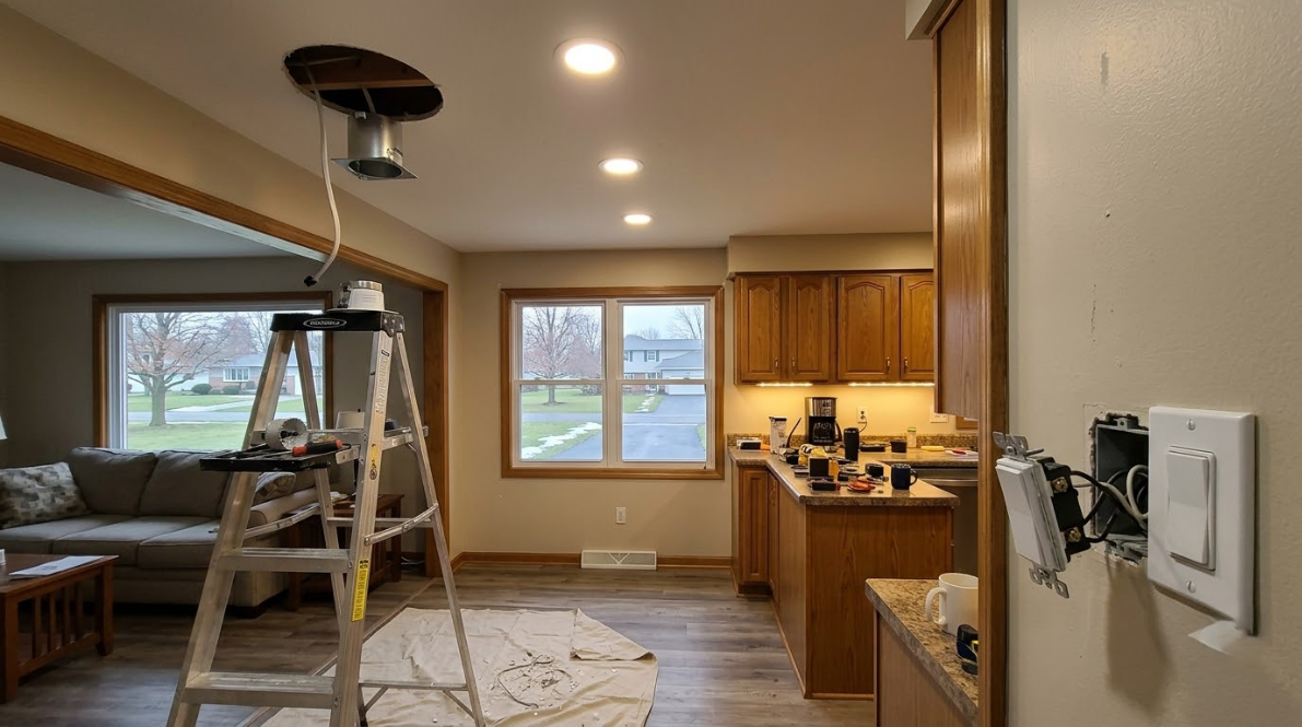Kitchen and living room under renovation, with a ladder, covered floor, and unfinished wall wiring.