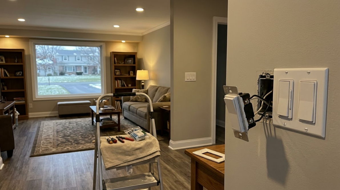 Modern living room with beige furniture, a large window, and wall-mounted light switches in the foreground