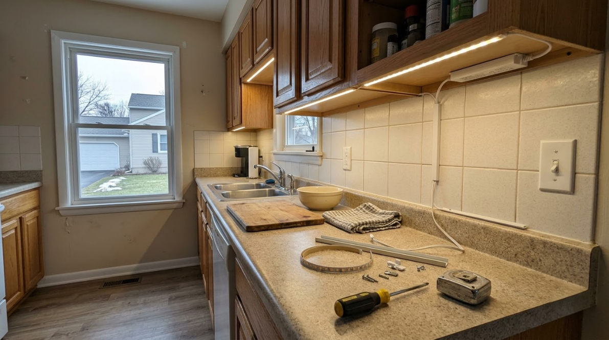 Kitchen countertop with scattered tools and materials under wooden cabinets, near a window.