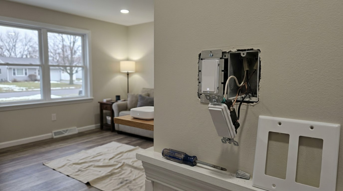 Bedroom with window, bed, and exposed wall electrical box under renovation