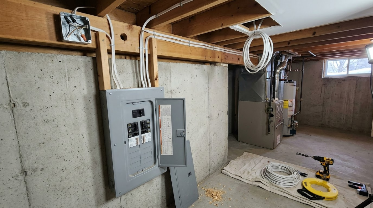 Basement utility room with electrical panels, exposed ceiling beams, and a yellow tool on the floor