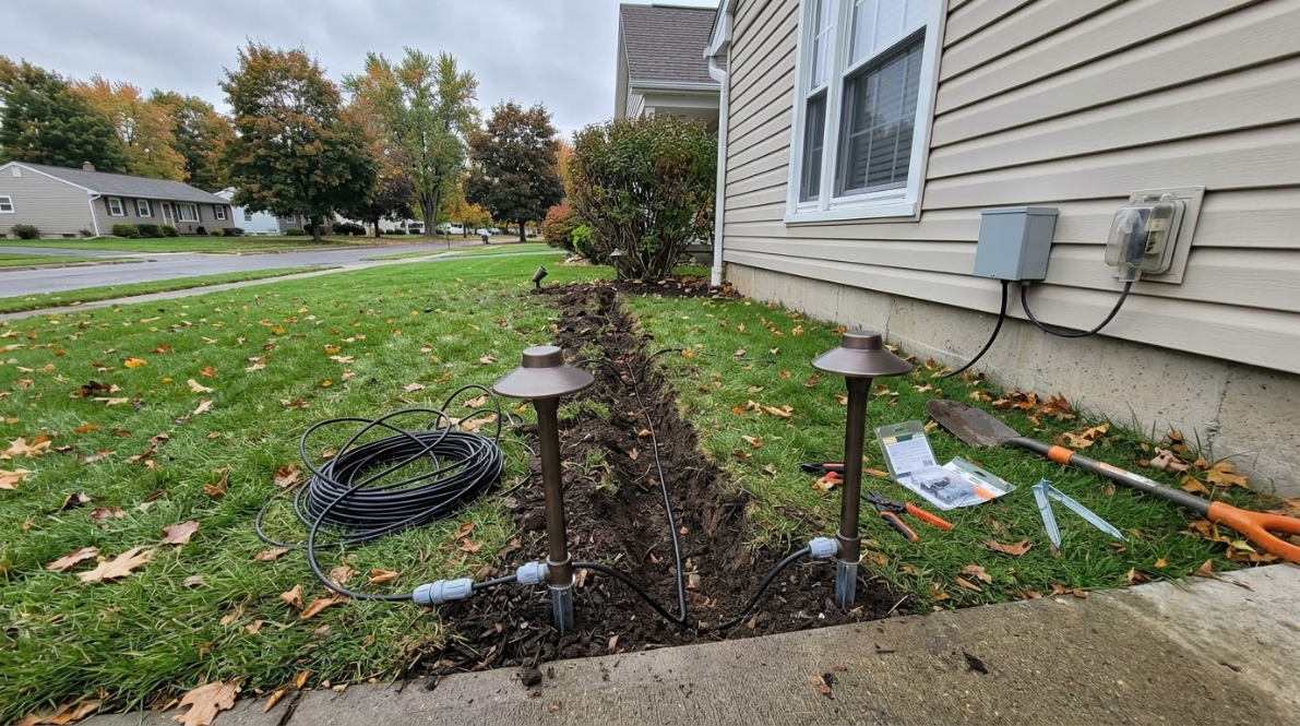 House foundation planting bed with bare soil, two solar lights, hose reel, and fallen leaves along a sidewalk