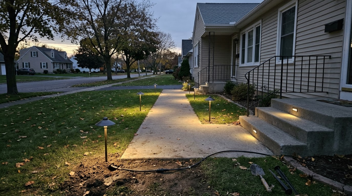 Front walkway beside a house at dusk, with porch steps, lawn, and a lit garden path marker