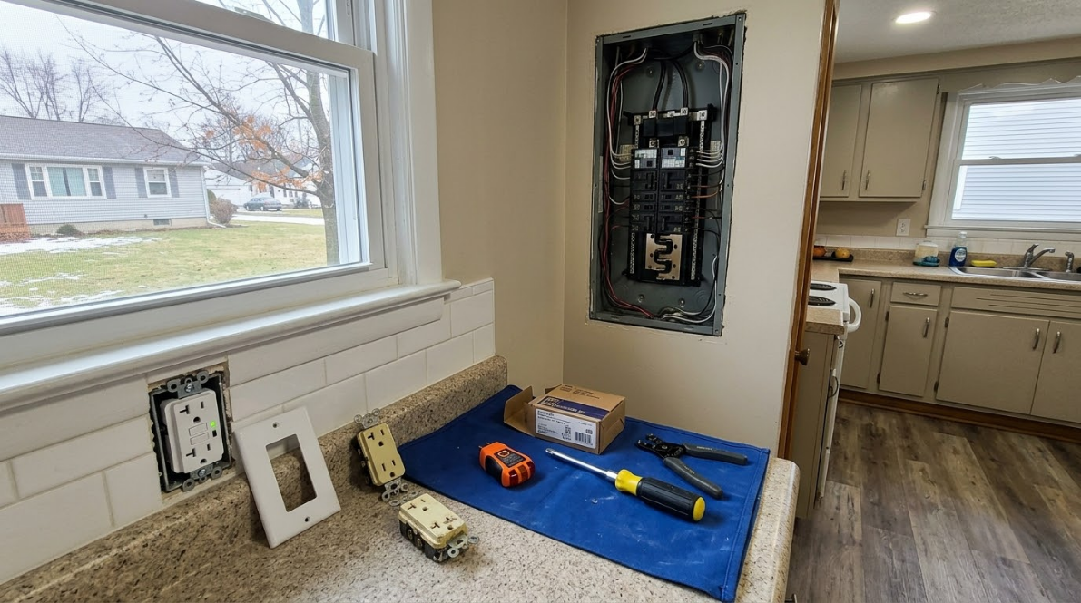 Countertop workspace with tools and a blue mat next to an open electrical panel in a kitchen area