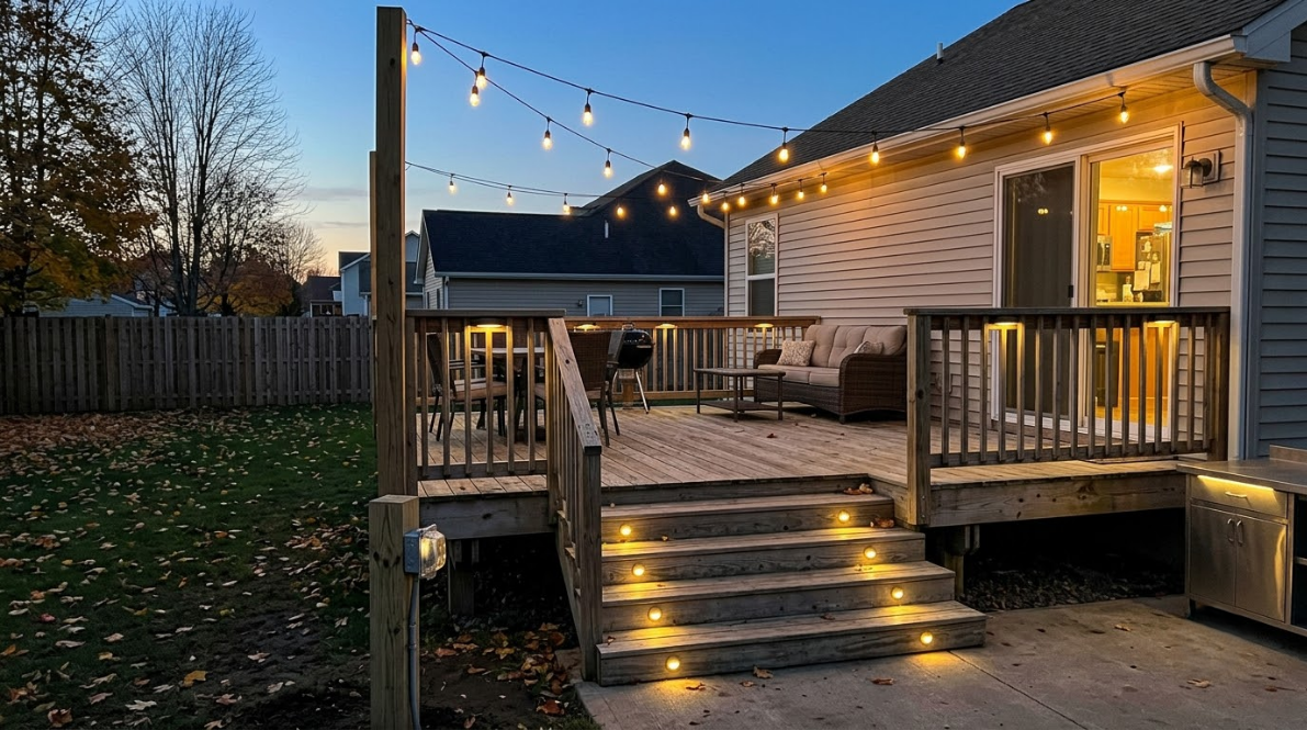 Back deck at dusk with string lights, lit steps, and a cozy patio beside a house