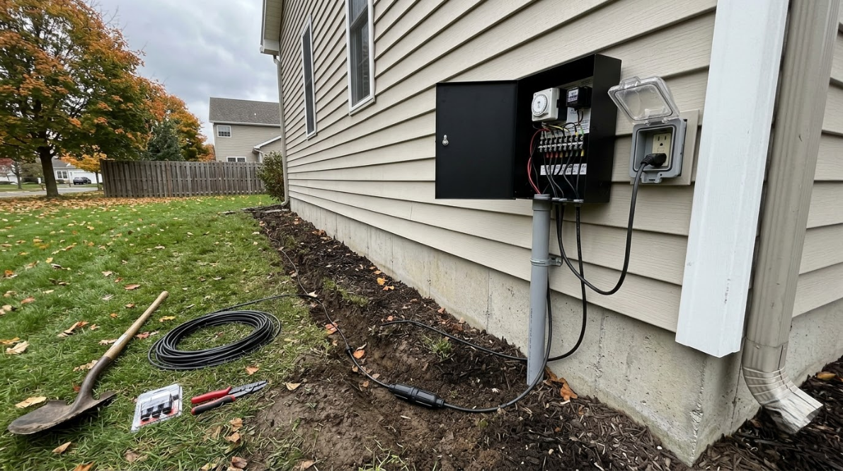 Outdoor electrical panel on a house exterior with tools on the grass nearby and wires along the wall
