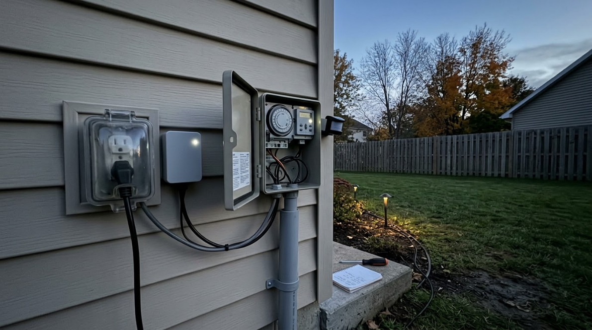 House exterior with electric meter, utility boxes, and wiring beside a fenced yard at dusk