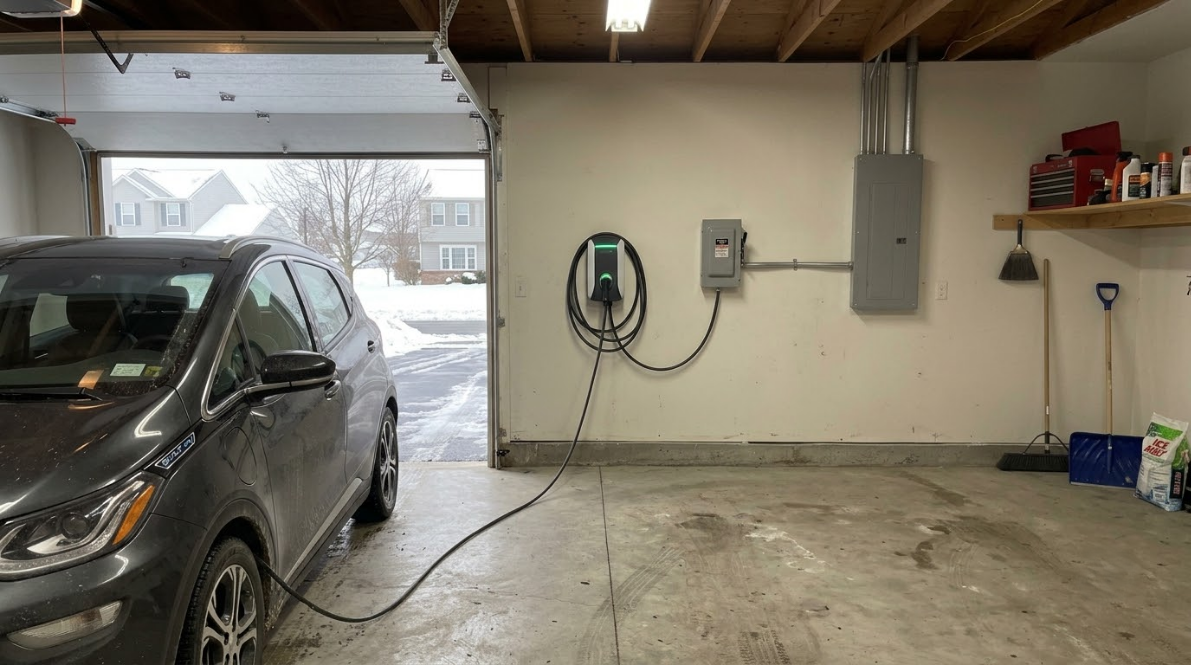 Garage interior with a parked gray car, open door to snowy driveway, and wall-mounted EV charger