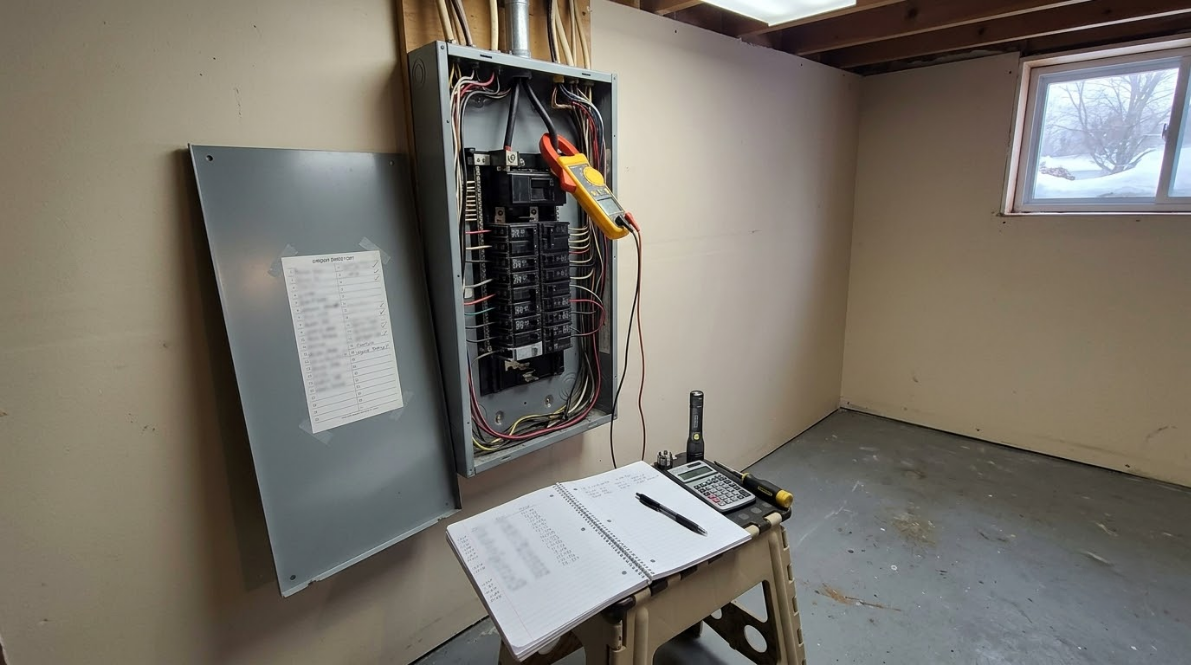 Open electrical panel in a bare utility room with a note on the door and a small table nearby