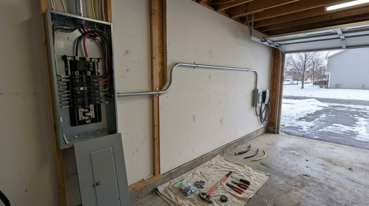Garage interior with open electrical panel, conduit on wall, and snowy driveway visible outside.