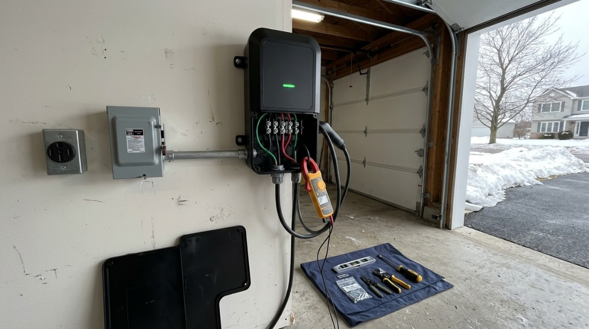 Electric vehicle charger mounted in a garage beside electrical panels and tools on the floor.