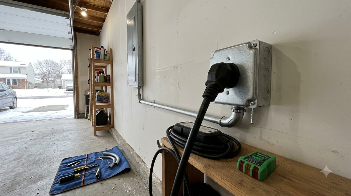 Workshop wall with metal electrical box, coiled black cable, wooden bench, and open garage door