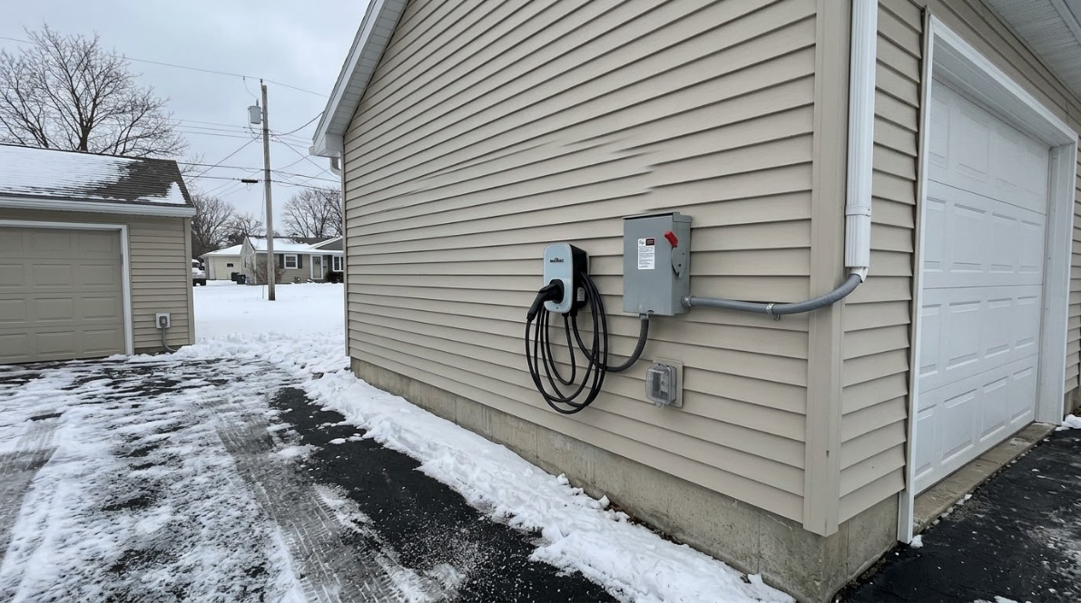 Snowy side yard with house siding, garage door, electrical meter, and plowed driveway.