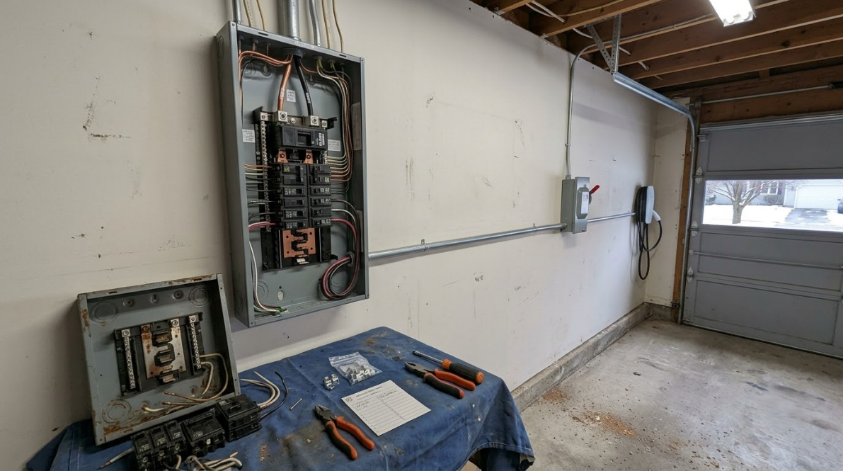 Garage workspace with open electrical panels and tools on a table under construction