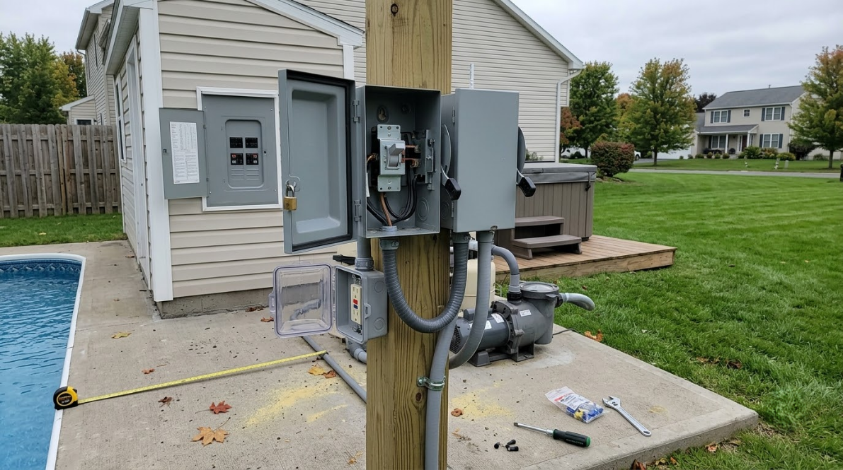 Electrical panel on wooden post beside a pool, with gray house and detached equipment in the background.