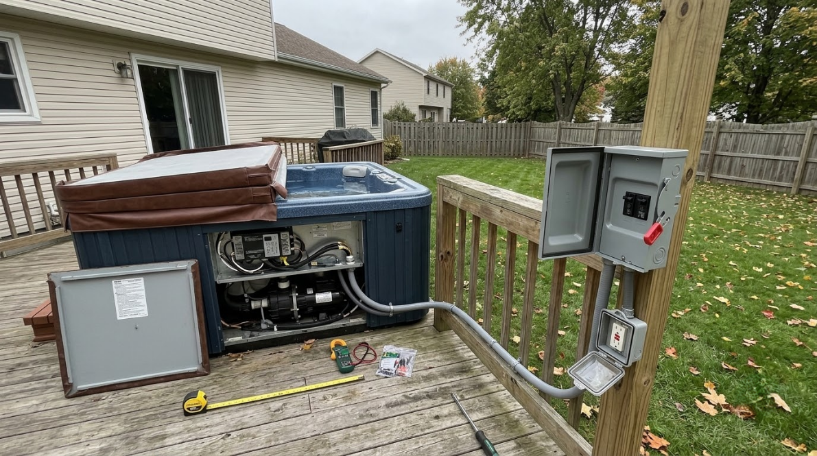 Outdoor deck with a large portable generator, electrical boxes, and extension cords near a house.