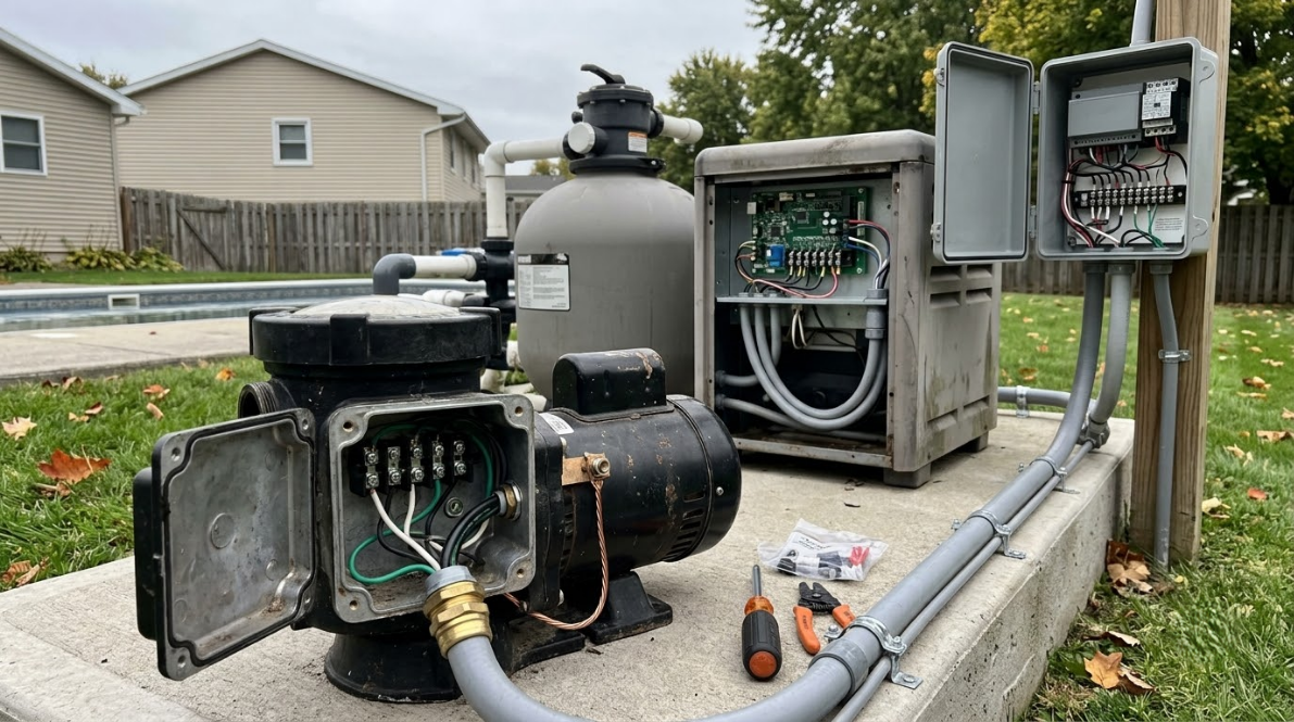 Open electrical and pump equipment at a roadside utility enclosure, with hoses and exposed wiring.