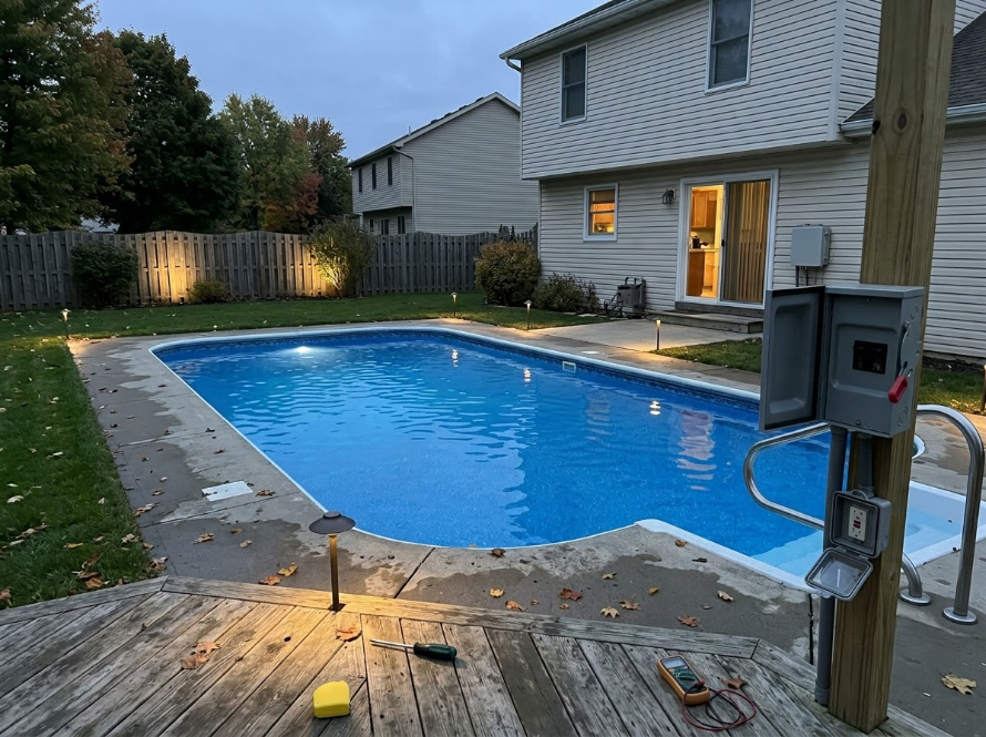 Backyard pool at dusk with lit wooden deck and a two-story house in the background