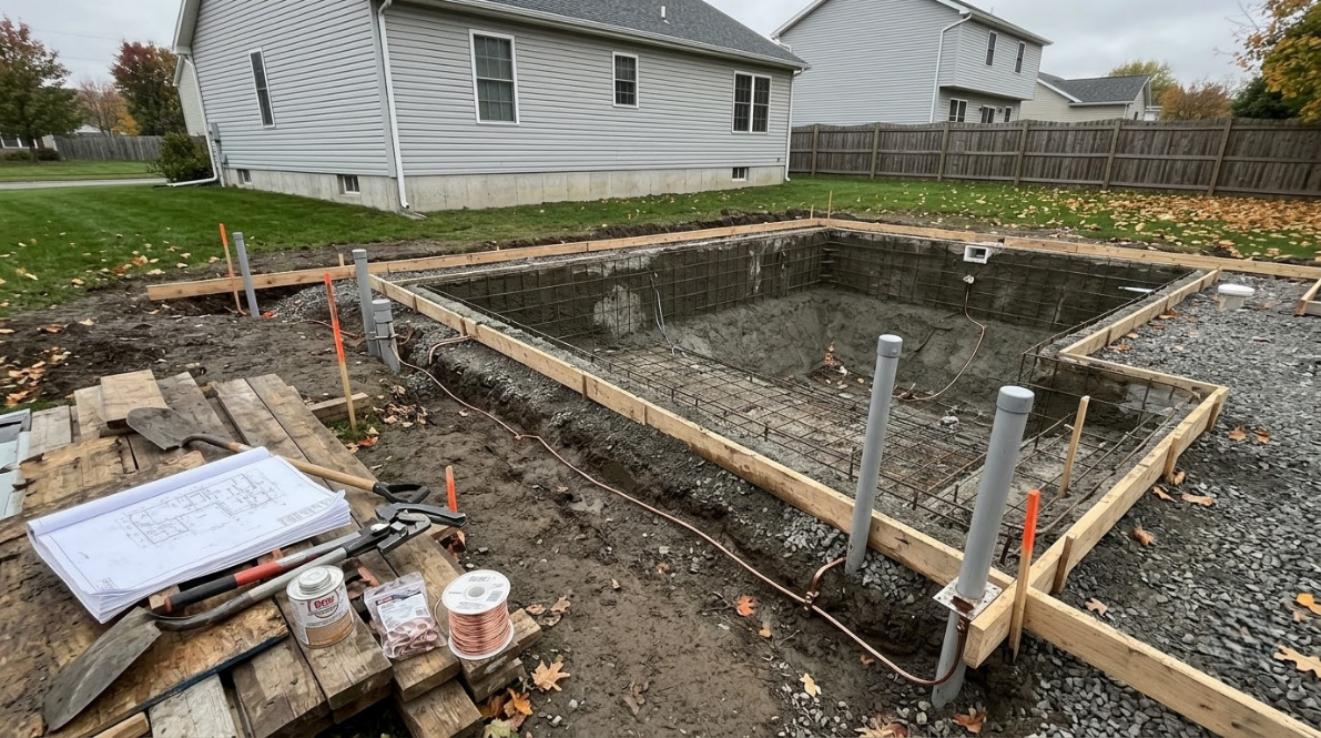 Construction site for a house foundation with gravel, wooden forms, and pipes in a backyard