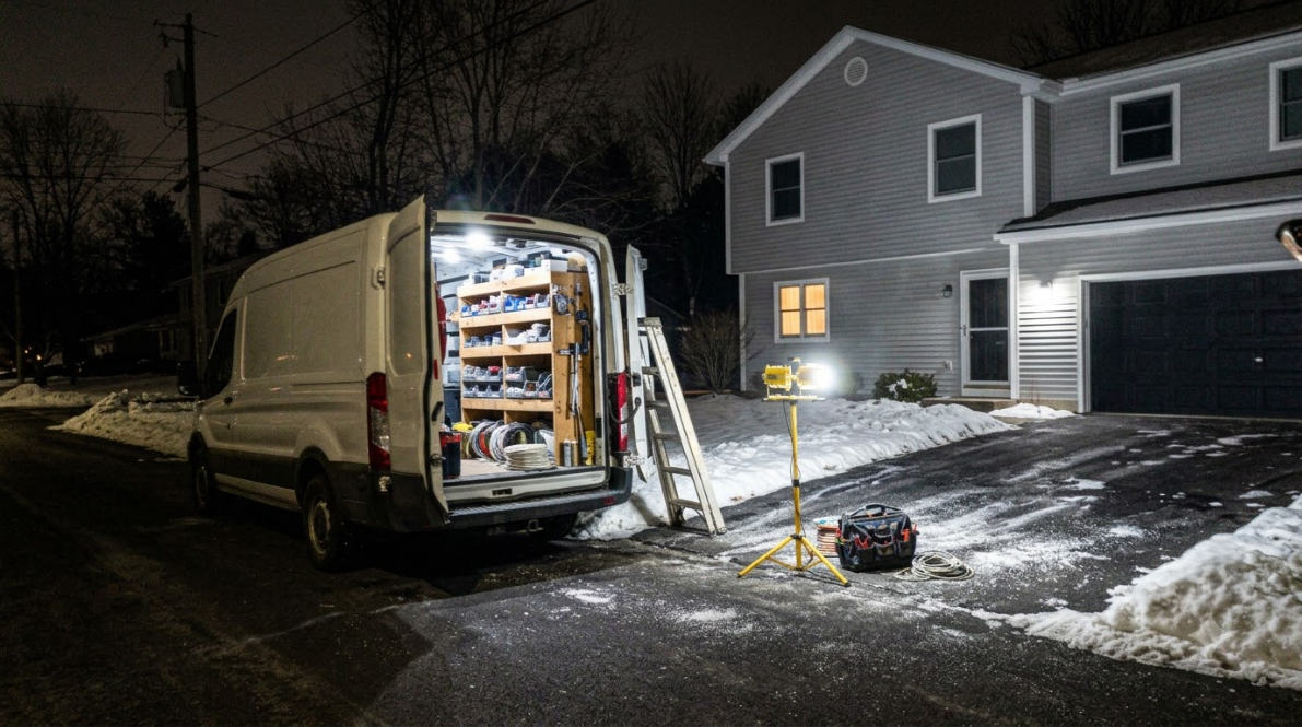 Worker unloading supplies from a white van at night beside a snowy suburban house.