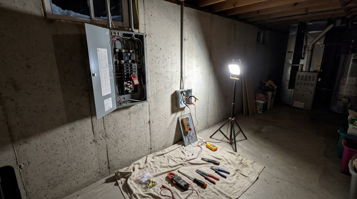 Basement electrical work area with open panels, tools on a tarp, and a bright work light.