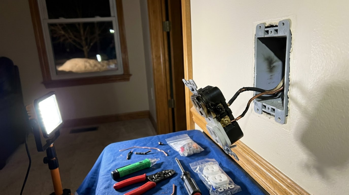 Bathroom wall with an open electrical box, exposed wires, tools on a blue cloth, and a work light nearby