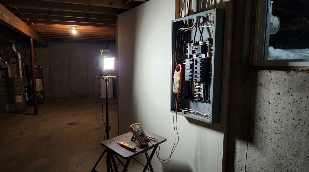 Dim basement with an open electrical panel and a bright work light on a stool in the foreground