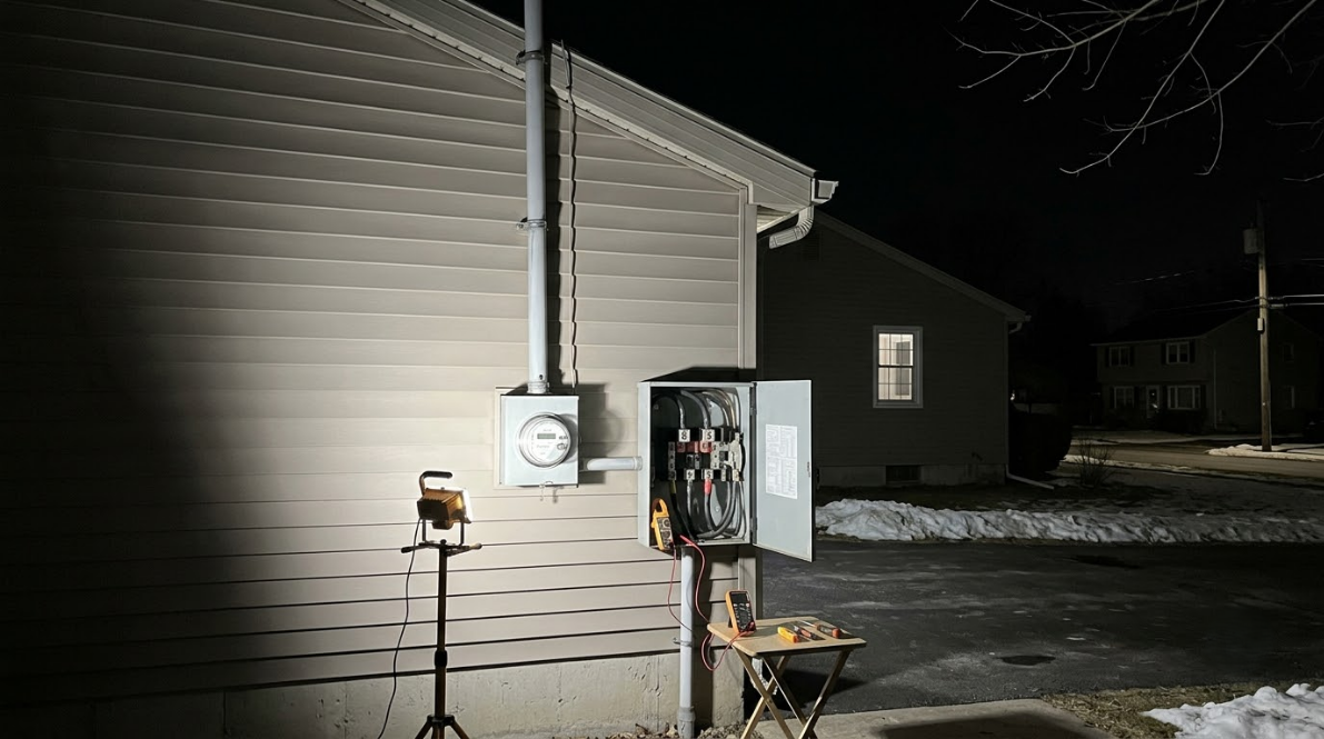 Open electrical panel and floodlight beside a beige house at night with snow on the ground