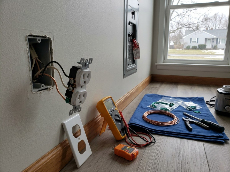 Partially finished electrical outlet installation beside a window, with tools and wiring on the floor.