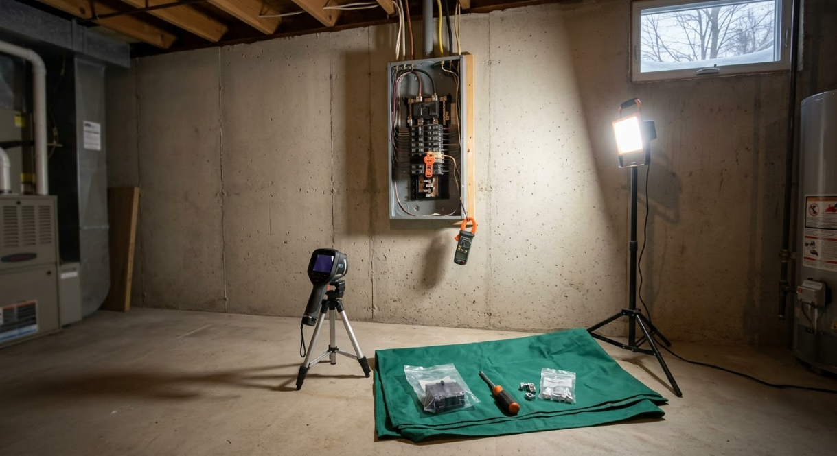 Basement workshop with exposed electrical panel, tripod, work light, and tools on a green mat.