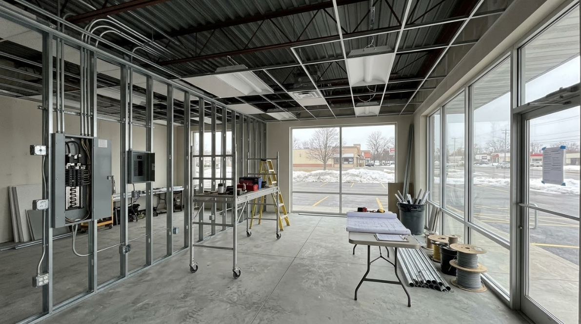 Unfinished commercial interior with exposed framing, large windows, and worktables under construction.