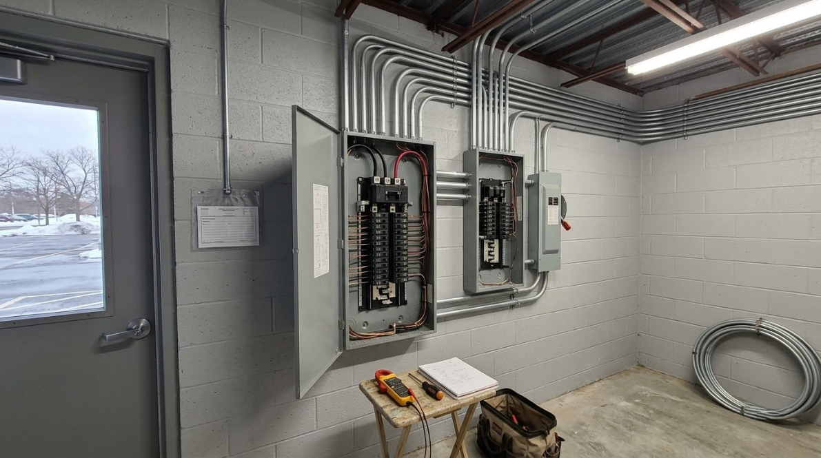 Industrial electrical room with open breaker panels, conduit, and a gray door.