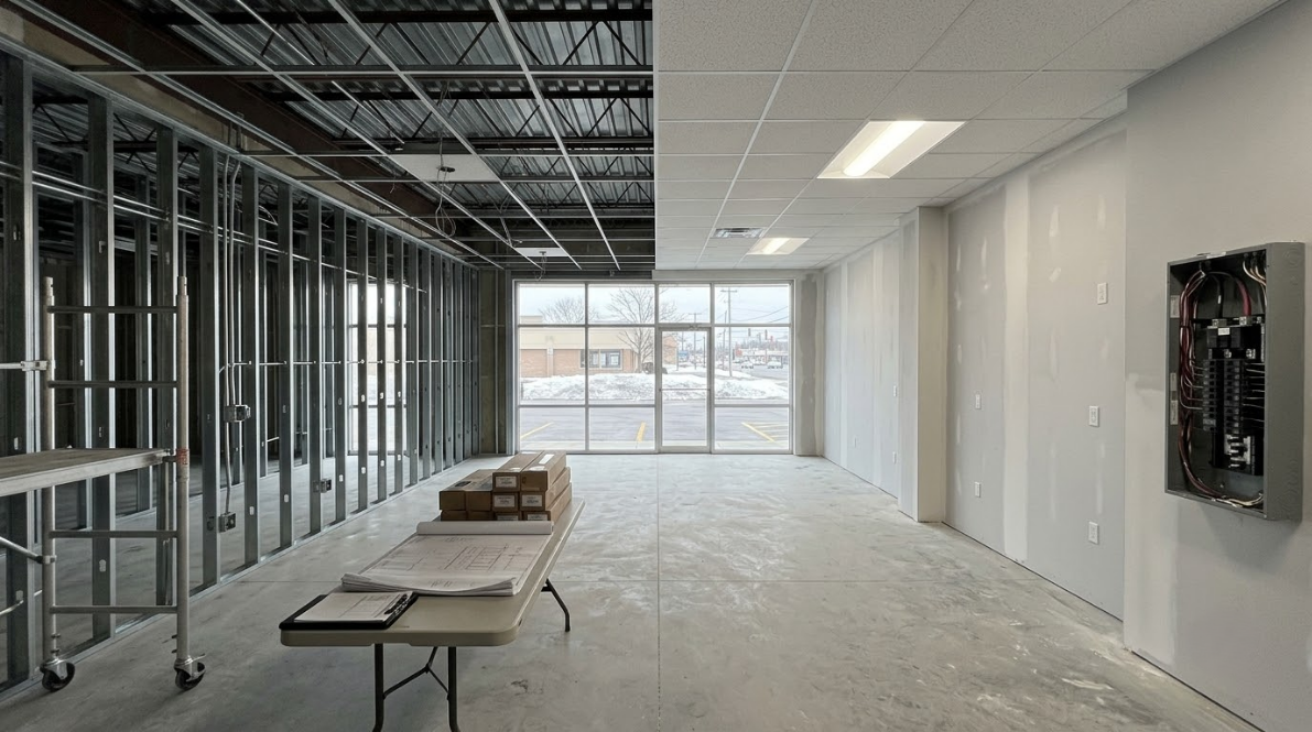 Empty office interior under construction with exposed framing, tables, and unfinished concrete floor