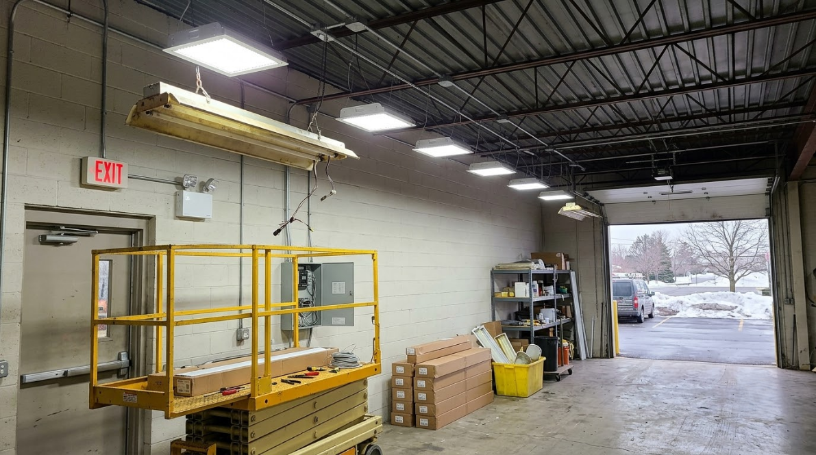 Warehouse loading bay with workbench, shelves, boxes, and an open garage door to the snowy outdoors