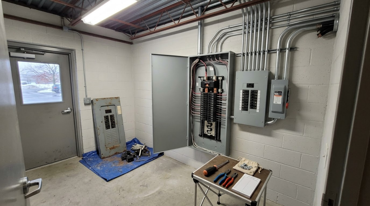 Electrical service room with open panel, conduits, and maintenance tools on a cart and blue mat