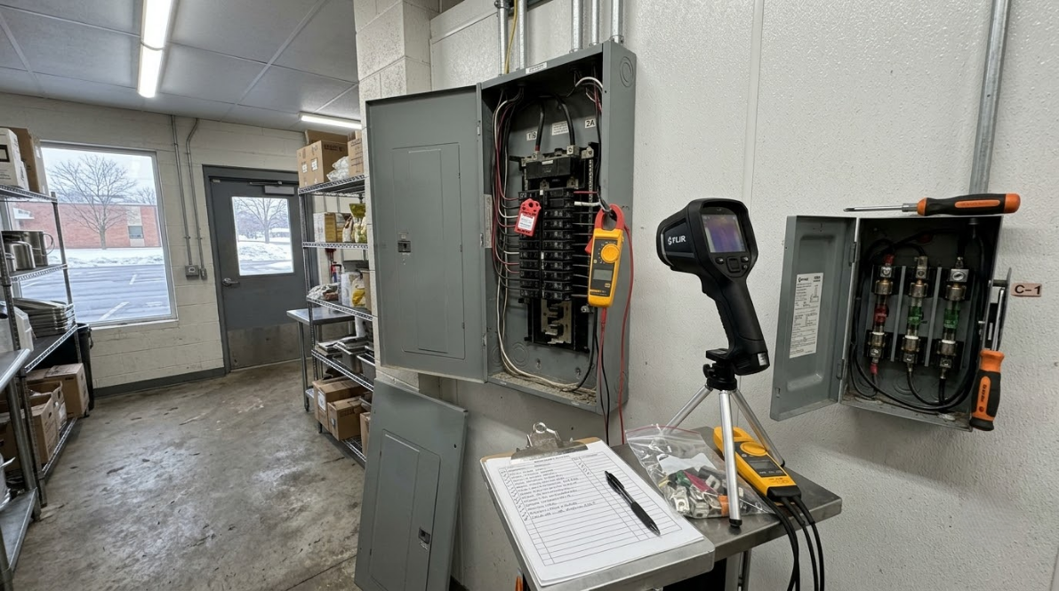 Electrical panel room with open gray cabinets, testing equipment, and an open notebook on a work cart