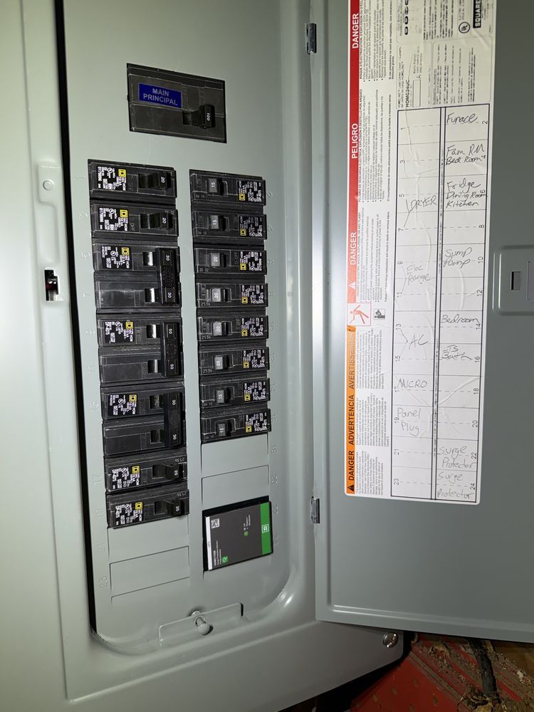 Open electrical breaker panel with circuit switches and a schedule label on the door
