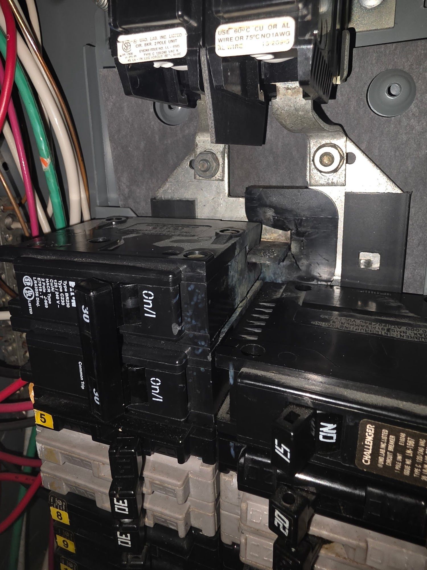 Close-up of electrical circuit breaker panel with black switches and colored wires