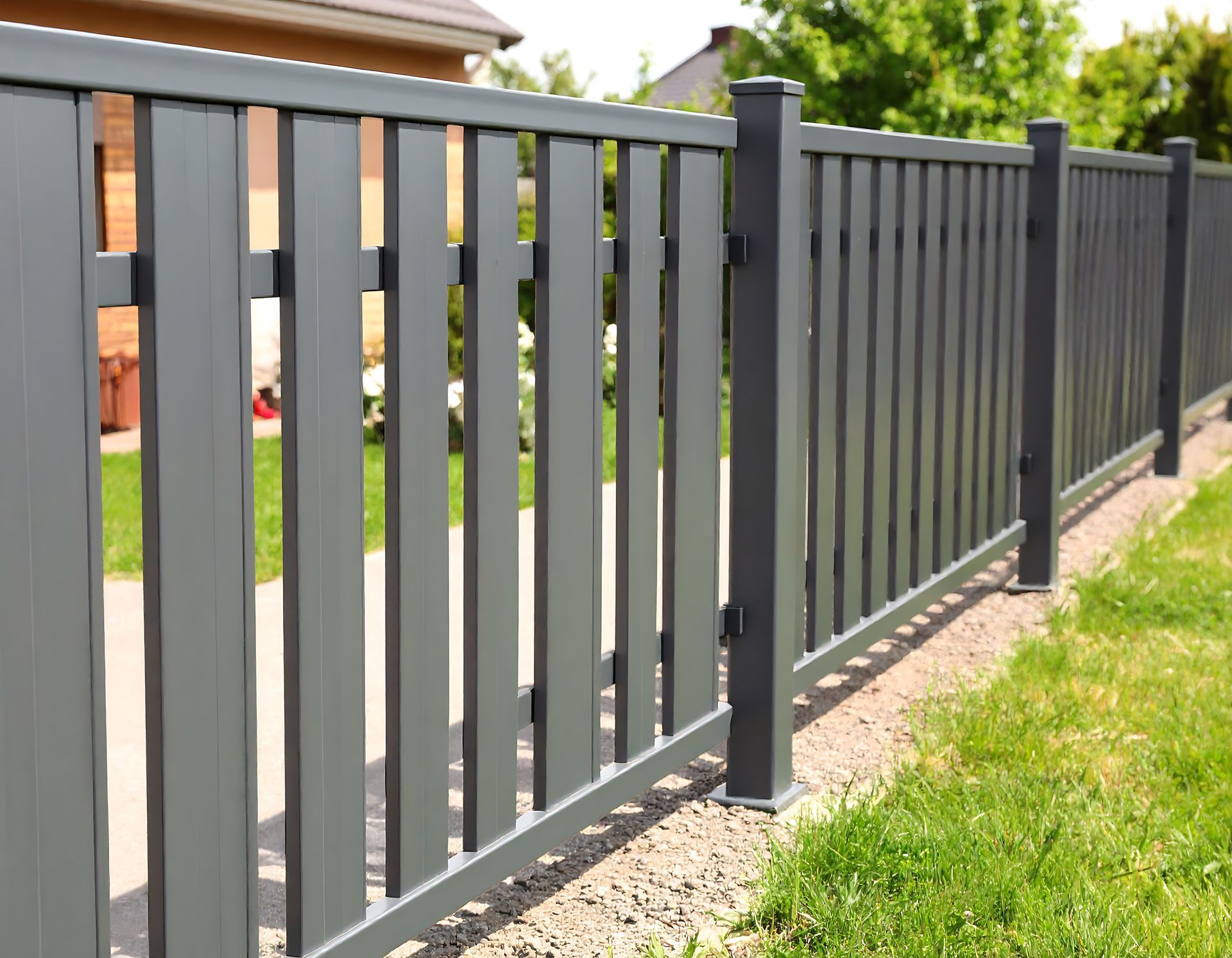 Modern dark gray vertical slat fence.
