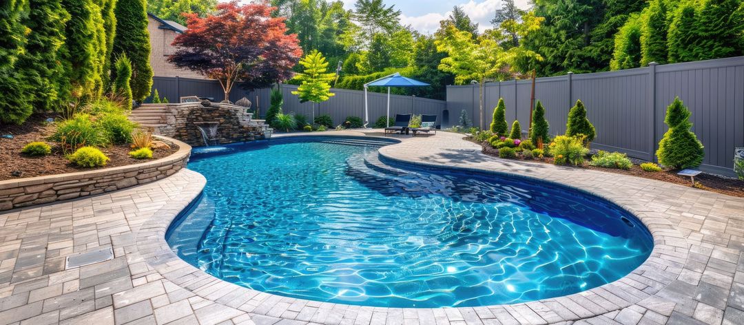 A swimming pool in a suburban residential backyard with beautiful landscaping and fencing. A swimming pool in a suburban residential backyard with beautiful landscaping and fencing.