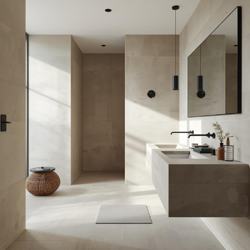 A minimalist, beige stone bathroom with a floating vanity, modern black fixtures, and a sculptural textured stool.
