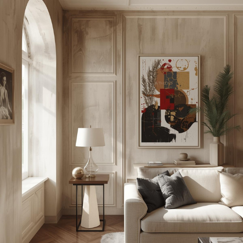 A living room featuring a sofa, side table with a lamp, and abstract wall art, all in a neutral color palette.