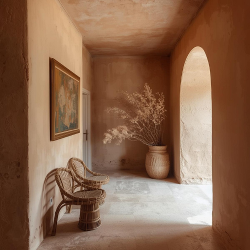 A rustic hallway with warm-toned walls, two wicker chairs, a framed painting, and a large jar with dried foliage.