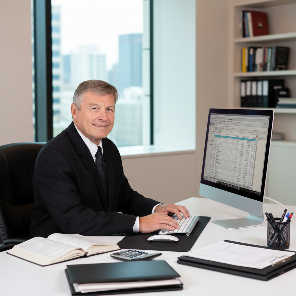 Man in suit typing at desk, financial setting. Spreadsheet on monitor, books, city view.