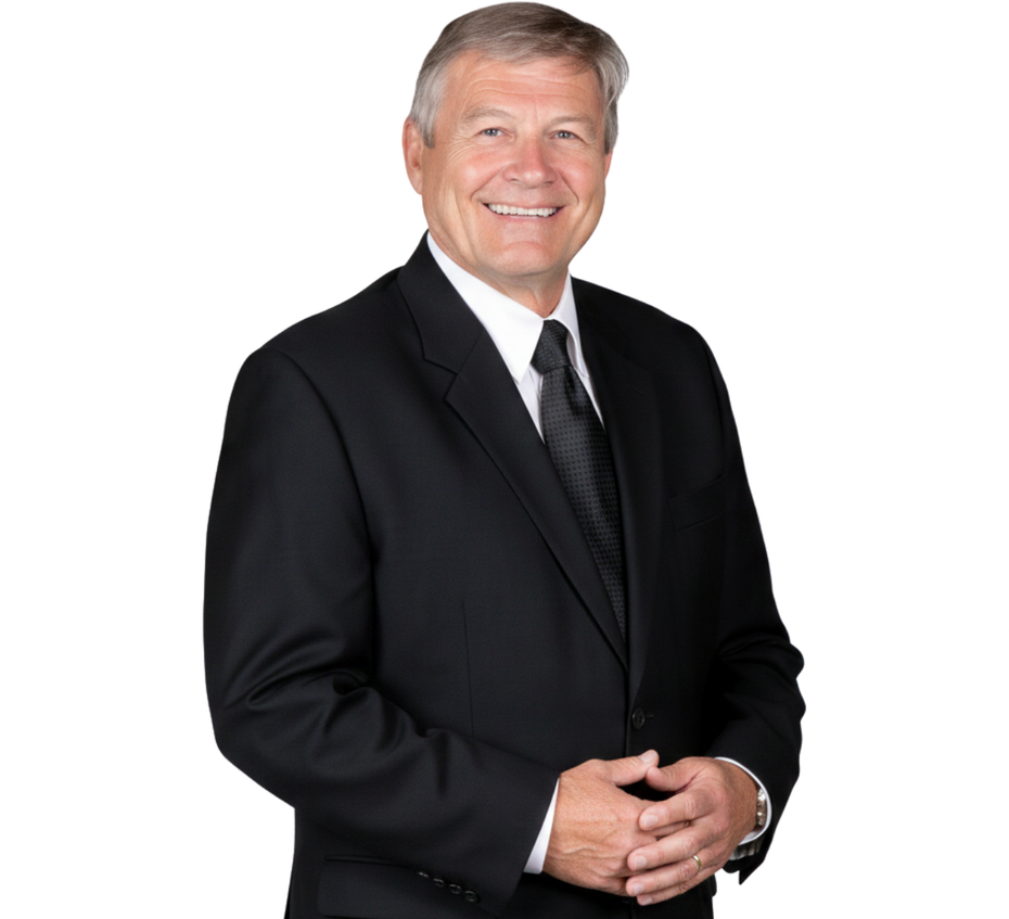 Man in black suit smiles, hands clasped, against a white background.