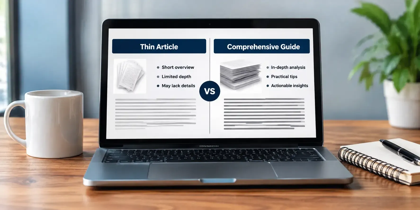A realistic side by side comparison of a thin article and a comprehensive guide displayed on a laptop in a clean professional workspace.
