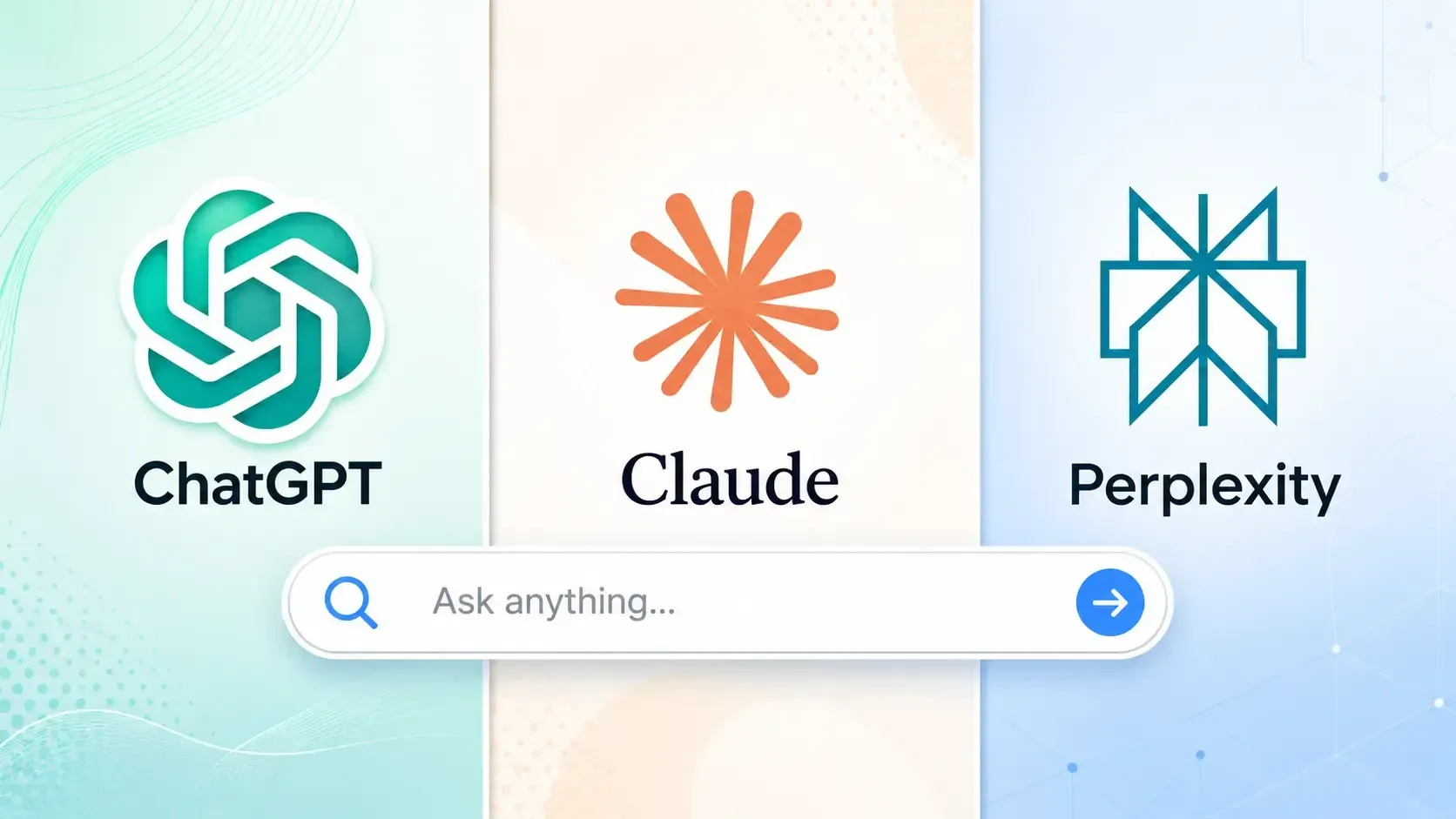 ChatGPT, Claude, and Perplexity logos above a search bar on a pastel gradient background