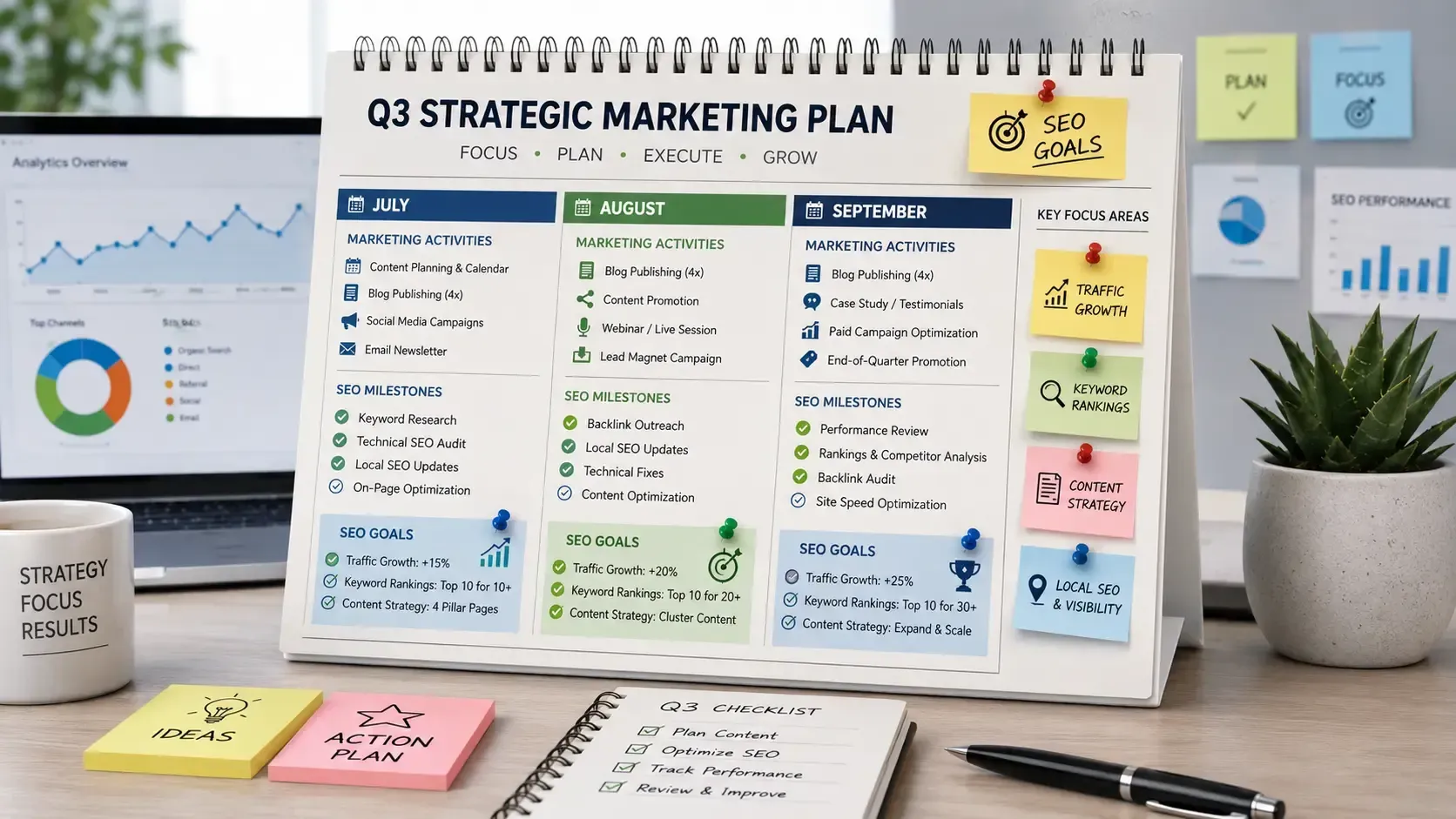 Desk calendar labeled “Q3 Strategic Marketing Plan” with colorful sticky notes, charts, and a laptop in the background
