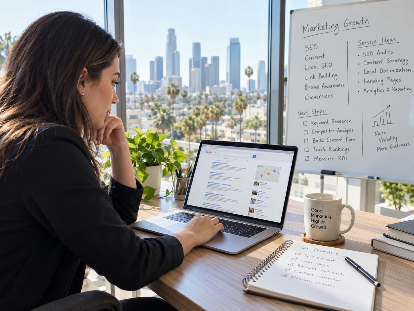 Person working at a desk with a laptop, notebook, and whiteboard in a bright office overlooking a city skyline